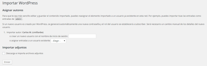 Asignación de autoría de los contenidos importados